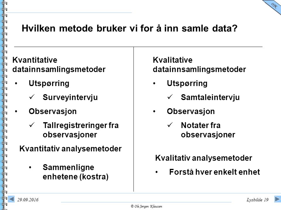 © Ole Jørgen Klaussen OJK Lysbilde 19 Hvilken metode bruker vi for å inn samle data.