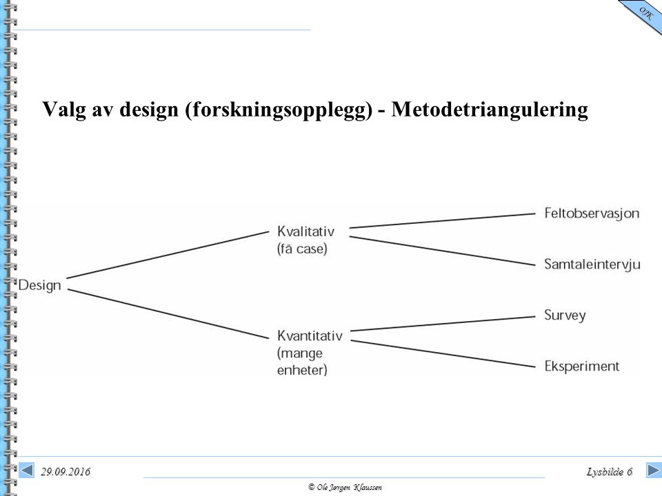 © Ole Jørgen Klaussen OJK Lysbilde 6 Valg av design (forskningsopplegg) - Metodetriangulering