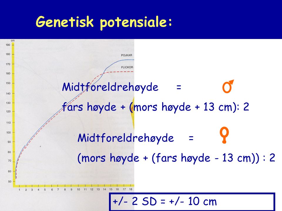 4 Genetisk potensiale: +/- 2 SD = +/- 10 cm Midtforeldrehøyde = (mors høyde + (fars høyde - 13 cm)) : 2 Midtforeldrehøyde = fars høyde + (mors høyde + 13 cm): 2