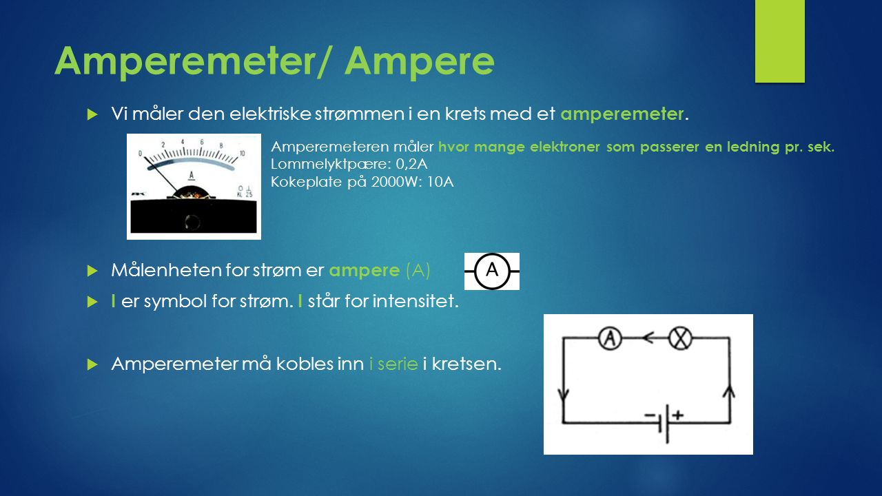 Amperemeter/ Ampere  Vi måler den elektriske strømmen i en krets med et amperemeter.