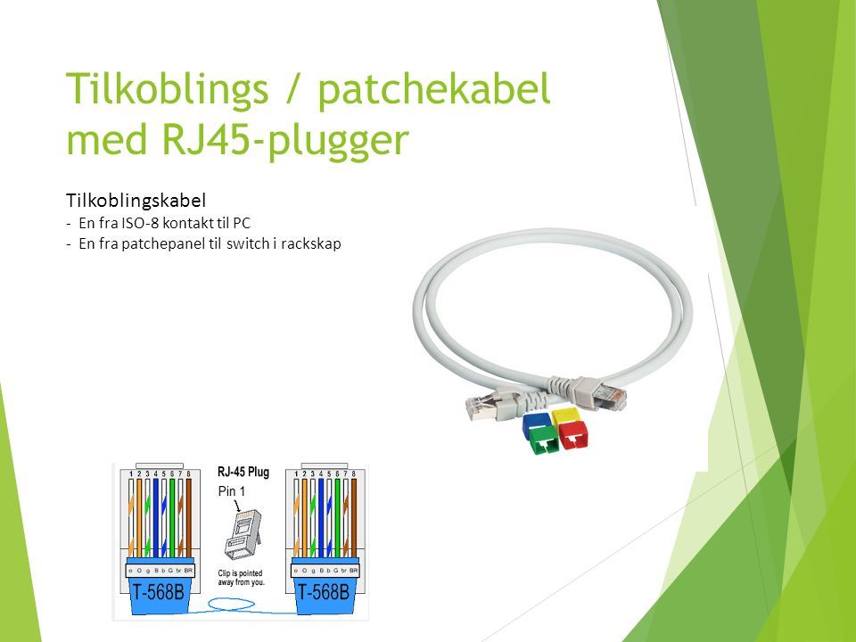 Tilkoblings / patchekabel med RJ45-plugger Tilkoblingskabel - En fra ISO-8 kontakt til PC - En fra patchepanel til switch i rackskap