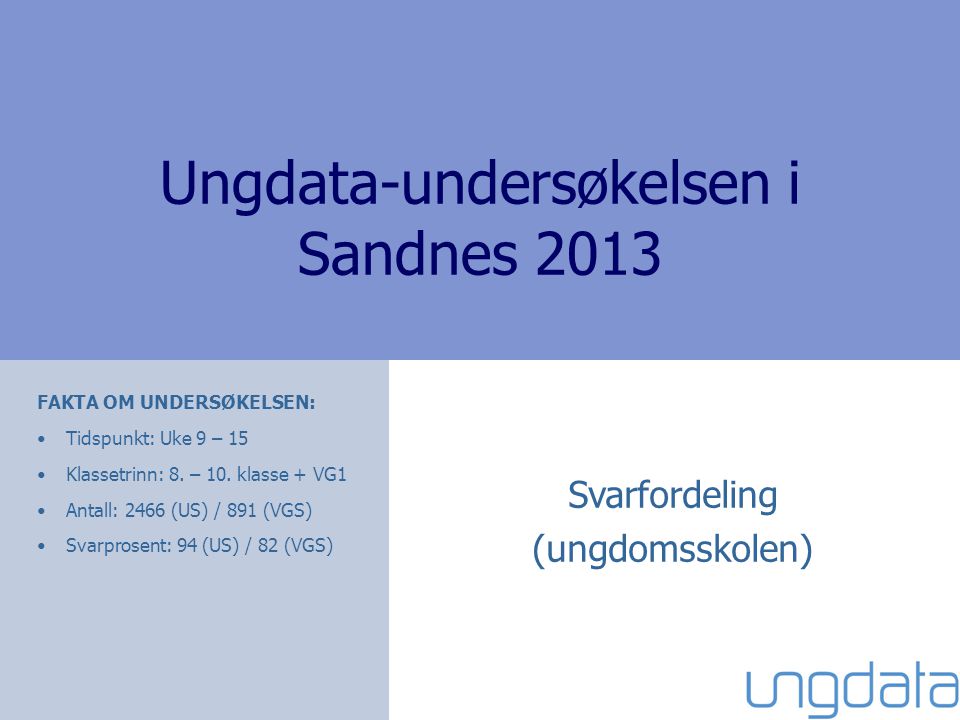 Ungdata-undersøkelsen i Sandnes 2013 Svarfordeling (ungdomsskolen) FAKTA OM UNDERSØKELSEN: •Tidspunkt: Uke 9 – 15 •Klassetrinn: 8.