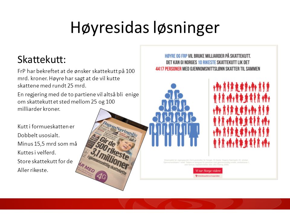 Høyresidas løsninger Skattekutt: FrP har bekreftet at de ønsker skattekutt på 100 mrd.