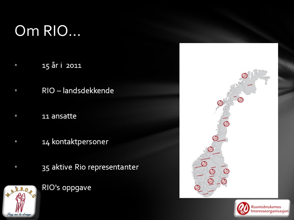 RI • 15 år i 2011 O15 – landsdekkende • RIO – landsdekkende • 11 ansatte • 14 kontaktpersoner • 35 aktive Rio representanter • RIO s oppgave • - 11 ansatte - 11 ansatte Om RIO…