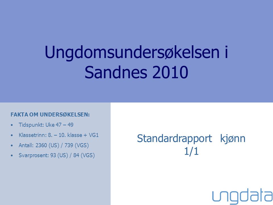 Ungdomsundersøkelsen i Sandnes 2010 Standardrapport kjønn 1/1 FAKTA OM UNDERSØKELSEN: •Tidspunkt: Uke 47 – 49 •Klassetrinn: 8.