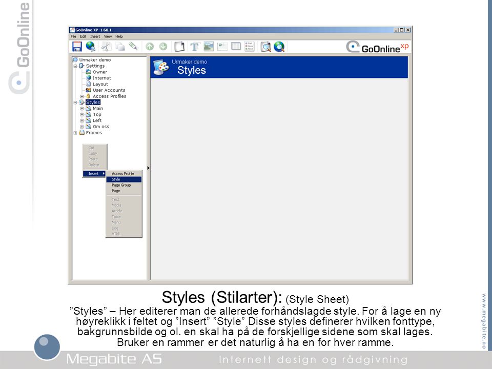 Styles (Stilarter): (Style Sheet) Styles – Her editerer man de allerede forhåndslagde style.