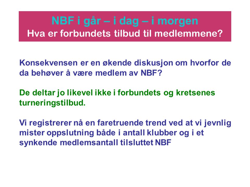 NBF i går – i dag – i morgen Hva er forbundets tilbud til medlemmene.