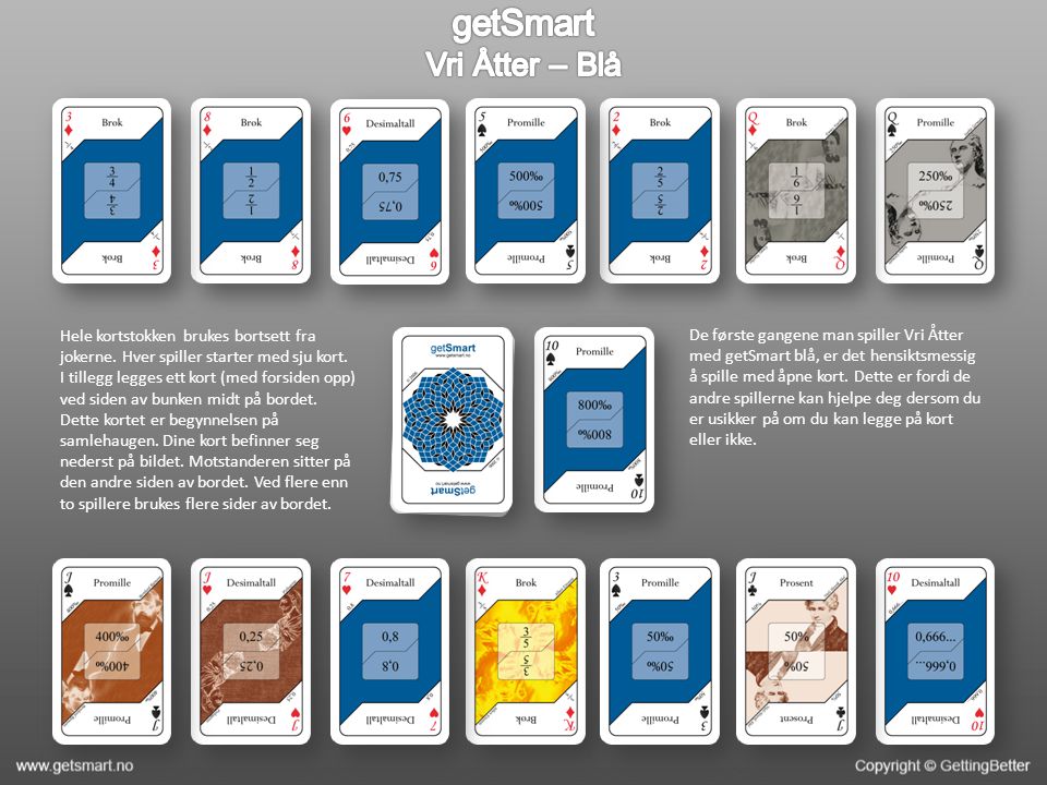 Hele kortstokken brukes bortsett fra jokerne. Hver spiller starter med sju kort.