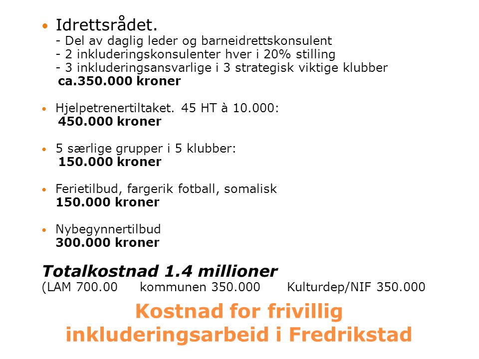 Kostnad for frivillig inkluderingsarbeid i Fredrikstad  Idrettsrådet.