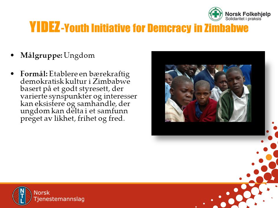 YIDEZ -Youth Initiative for Demcracy in Zimbabwe •Målgruppe: Ungdom •Formål: Etablere en bærekraftig demokratisk kultur i Zimbabwe basert på et godt styresett, der varierte synspunkter og interesser kan eksistere og samhandle, der ungdom kan delta i et samfunn preget av likhet, frihet og fred.