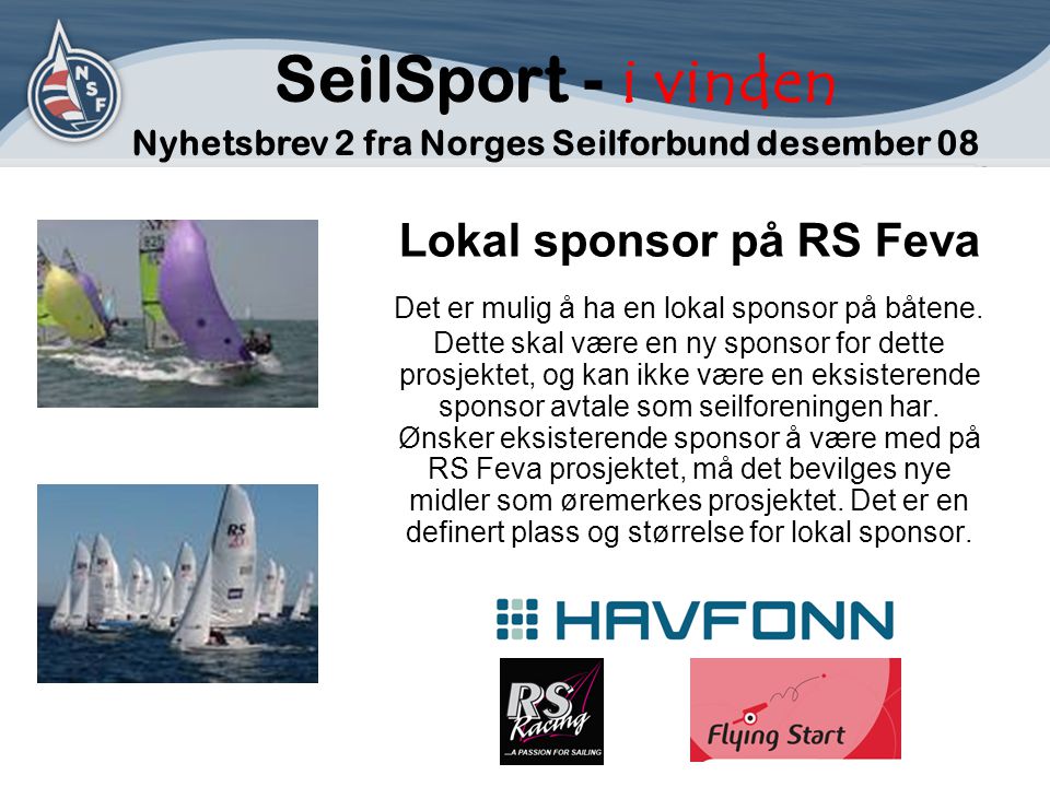 Lokal sponsor på RS Feva Det er mulig å ha en lokal sponsor på båtene.