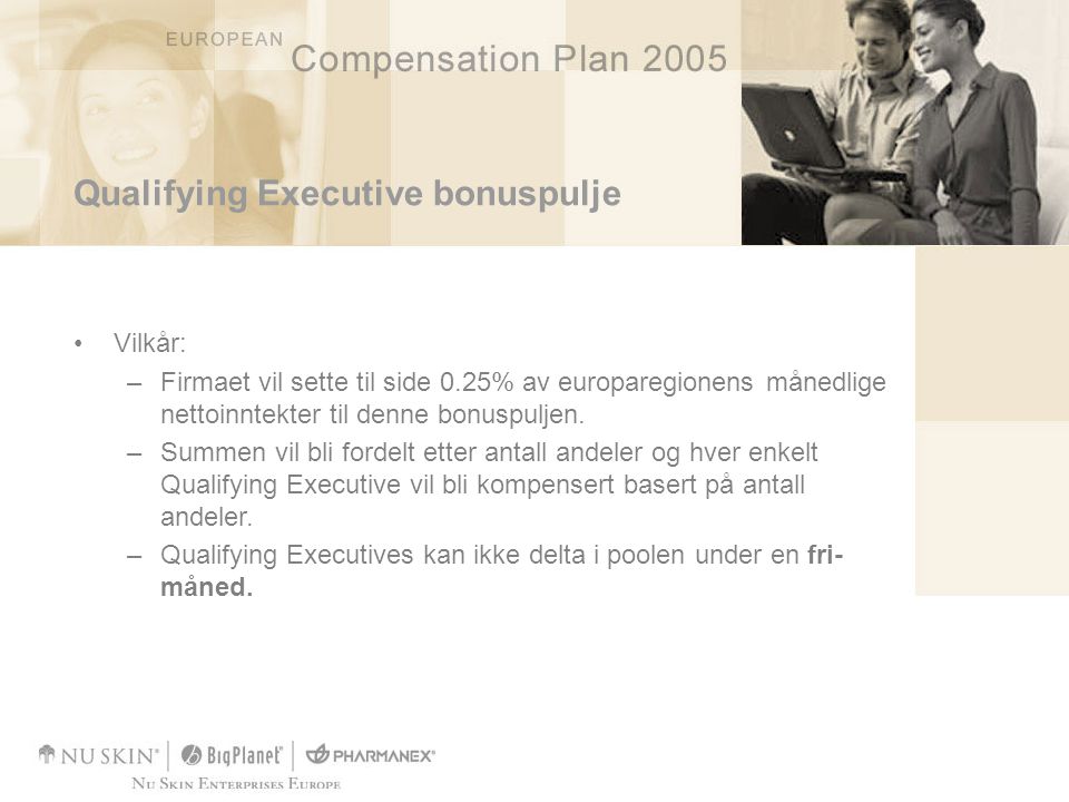 Qualifying Executive bonuspulje •Vilkår: –Firmaet vil sette til side 0.25% av europaregionens månedlige nettoinntekter til denne bonuspuljen.