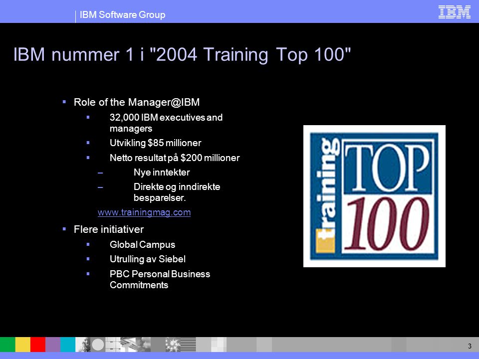 IBM Software Group 3 IBM nummer 1 i 2004 Training Top 100  Role of the  32,000 IBM executives and managers  Utvikling $85 millioner  Netto resultat på $200 millioner –Nye inntekter –Direkte og inndirekte besparelser.