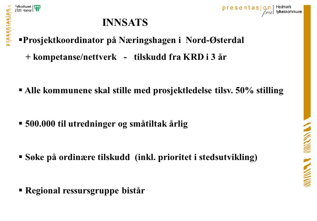 INNSATS  Prosjektkoordinator på Næringshagen i Nord-Østerdal + kompetanse/nettverk - tilskudd fra KRD i 3 år  Alle kommunene skal stille med prosjektledelse tilsv.
