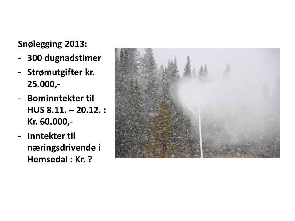 Snølegging 2013: -300 dugnadstimer -Strømutgifter kr.