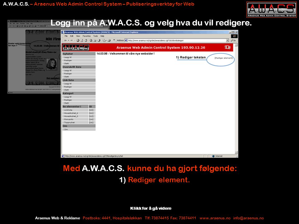 Araenus Web & Reklame Postboks: 4441, Hospitalsløkkan Tlf: Fax: A.W.A.C.S.