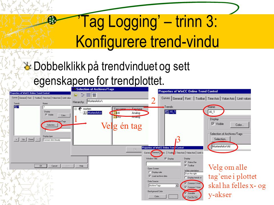’Tag Logging’ – trinn 3: Konfigurere trend-vindu Dobbelklikk på trendvinduet og sett egenskapene for trendplottet.