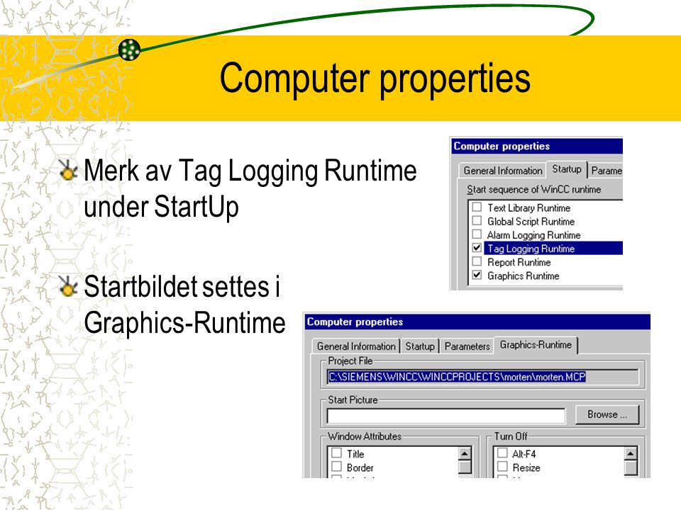 Computer properties Merk av Tag Logging Runtime under StartUp Startbildet settes i Graphics-Runtime