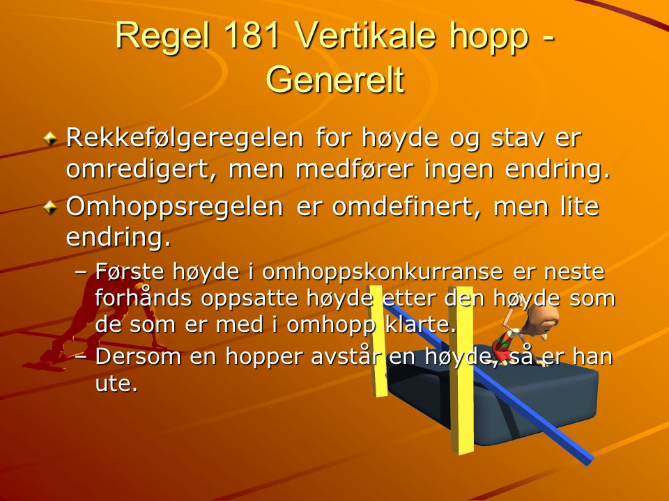 Regel 181 Vertikale hopp - Generelt Rekkefølgeregelen for høyde og stav er omredigert, men medfører ingen endring.
