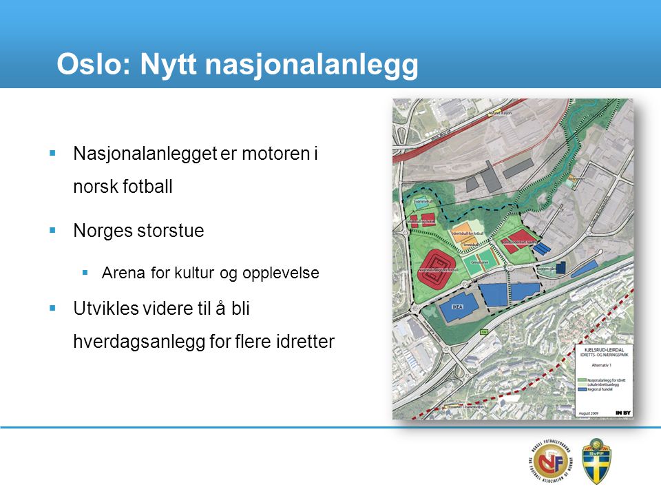 Oslo: Nytt nasjonalanlegg  Nasjonalanlegget er motoren i norsk fotball  Norges storstue  Arena for kultur og opplevelse  Utvikles videre til å bli hverdagsanlegg for flere idretter