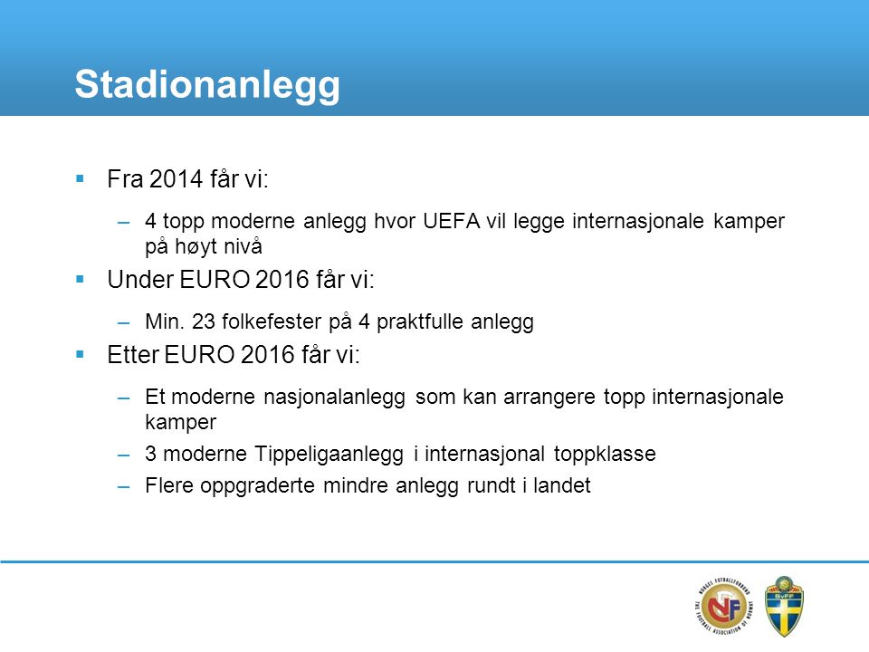 Stadionanlegg  Fra 2014 får vi: –4 topp moderne anlegg hvor UEFA vil legge internasjonale kamper på høyt nivå  Under EURO 2016 får vi: –Min.
