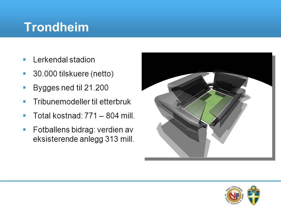 Trondheim  Lerkendal stadion  tilskuere (netto)  Bygges ned til  Tribunemodeller til etterbruk  Total kostnad: 771 – 804 mill.