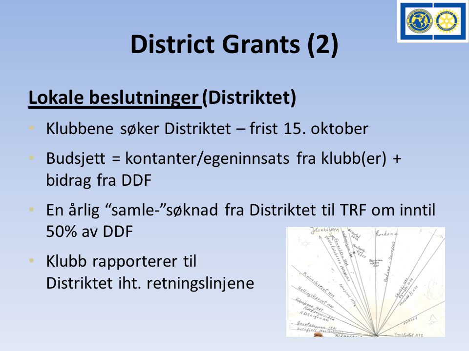 District Grants (2) Lokale beslutninger (Distriktet) • Klubbene søker Distriktet – frist 15.