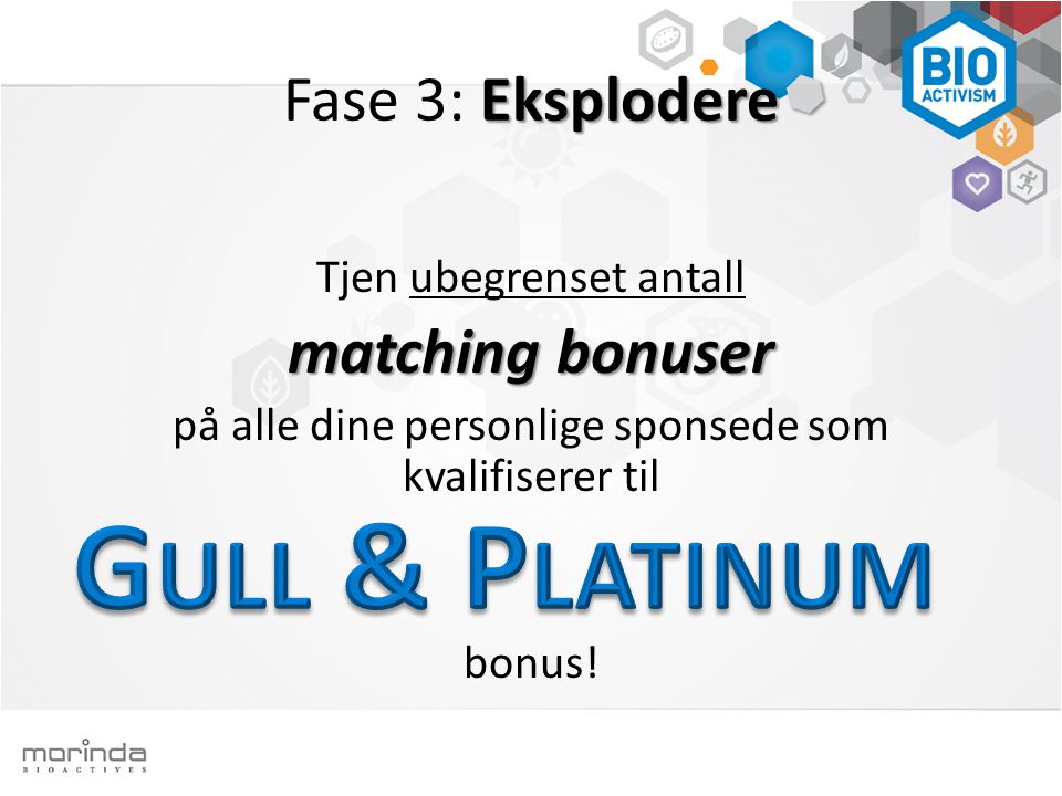 Eksplodere Fase 3: Eksplodere Tjen ubegrenset antall matching bonuser på alle dine personlige sponsede som kvalifiserer til bonus!