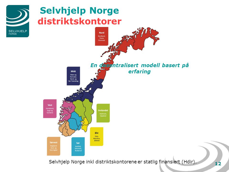 12 Selvhjelp Norge distriktskontorer Selvhjelp Norge inkl distriktskontorene er statlig finansiert (Hdir).