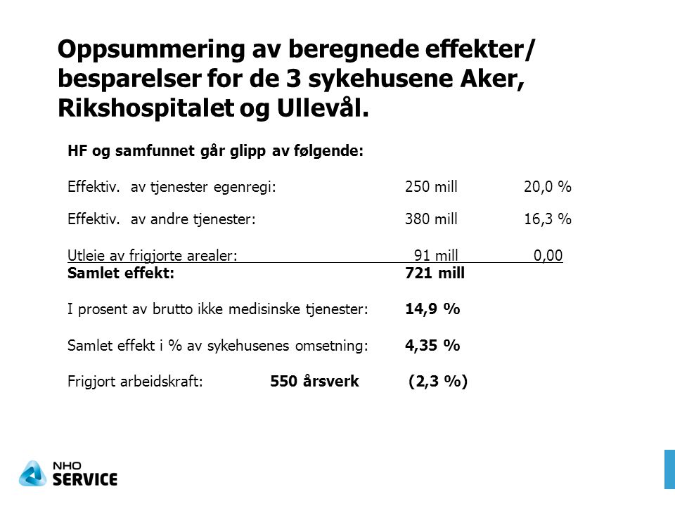 Oppsummering av beregnede effekter/ besparelser for de 3 sykehusene Aker, Rikshospitalet og Ullevål.