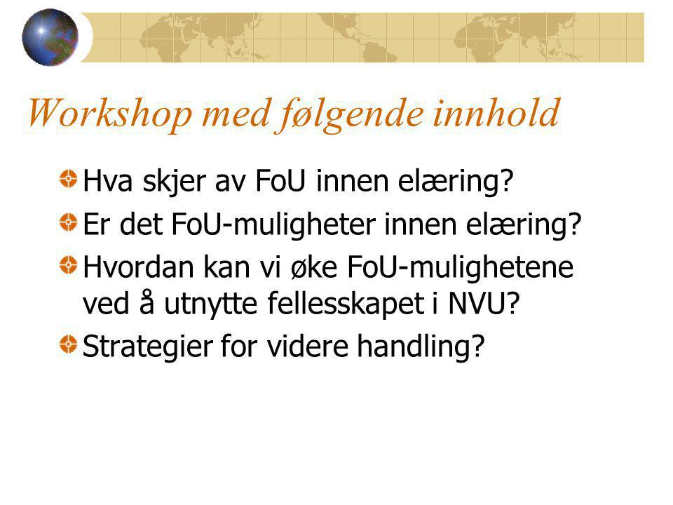 Workshop med følgende innhold Hva skjer av FoU innen elæring.