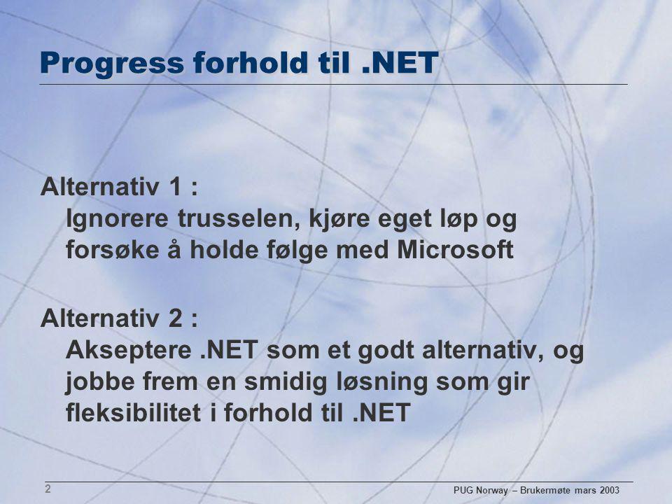 PUG Norway – Brukermøte mars Progress forhold til.NET Alternativ 1 : Ignorere trusselen, kjøre eget løp og forsøke å holde følge med Microsoft Alternativ 2 : Akseptere.NET som et godt alternativ, og jobbe frem en smidig løsning som gir fleksibilitet i forhold til.NET
