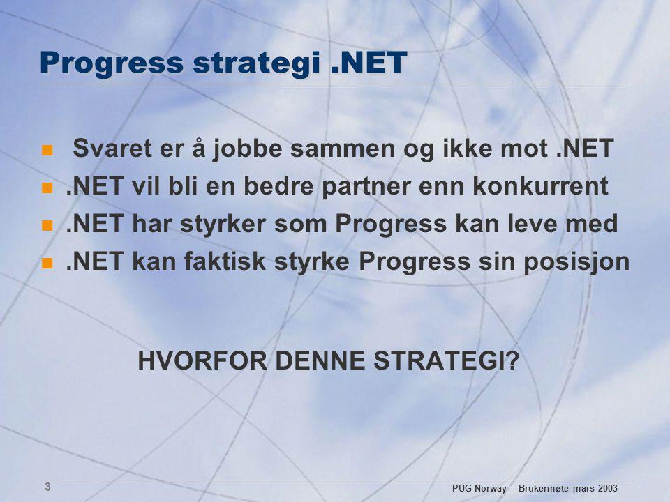 PUG Norway – Brukermøte mars Progress strategi.NET n Svaret er å jobbe sammen og ikke mot.NET n.NET vil bli en bedre partner enn konkurrent n.NET har styrker som Progress kan leve med n.NET kan faktisk styrke Progress sin posisjon HVORFOR DENNE STRATEGI