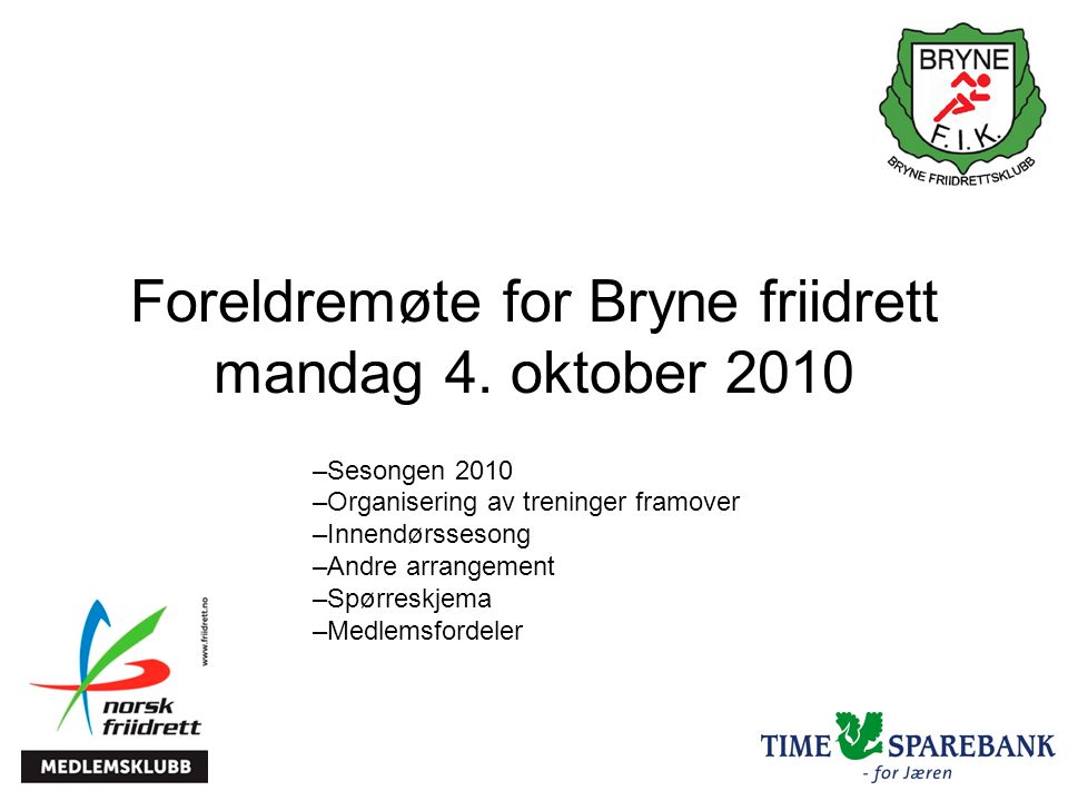 Foreldremøte for Bryne friidrett mandag 4.