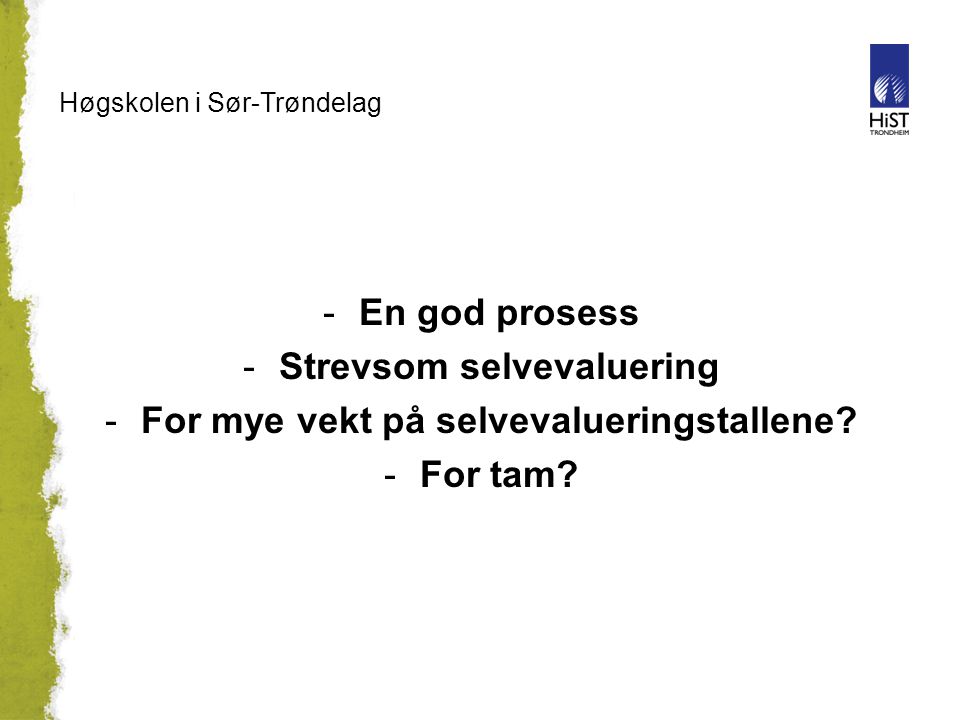 Høgskolen i Sør-Trøndelag -En god prosess -Strevsom selvevaluering -For mye vekt på selvevalueringstallene.