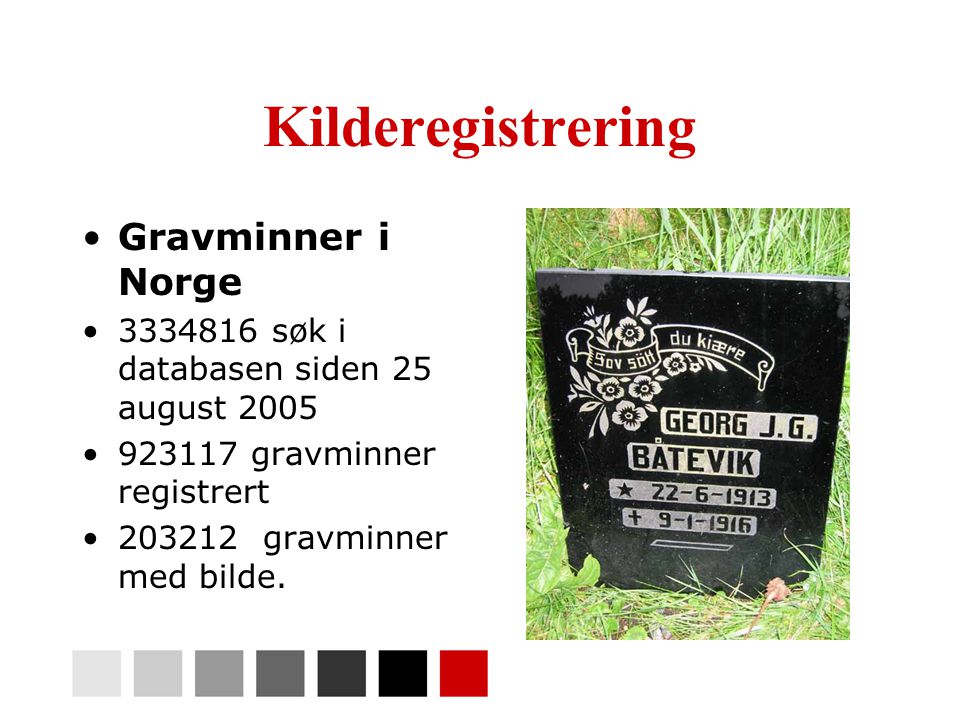 Kilderegistrering •Gravminner i Norge • søk i databasen siden 25 august 2005 • gravminner registrert • gravminner med bilde.