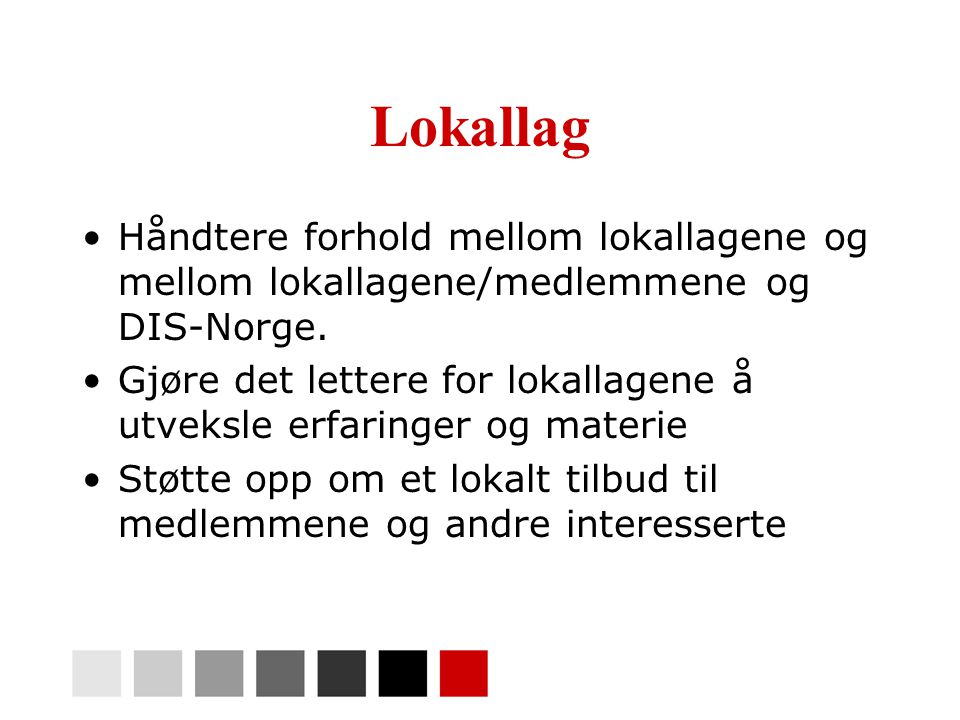Lokallag •Håndtere forhold mellom lokallagene og mellom lokallagene/medlemmene og DIS-Norge.