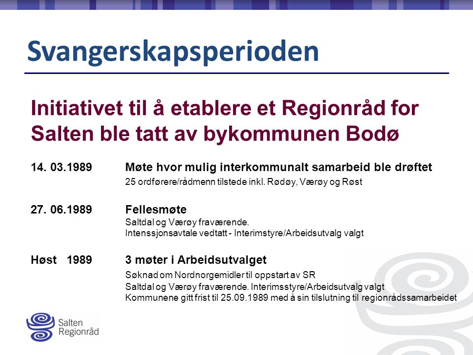 Svangerskapsperioden Initiativet til å etablere et Regionråd for Salten ble tatt av bykommunen Bodø 14.