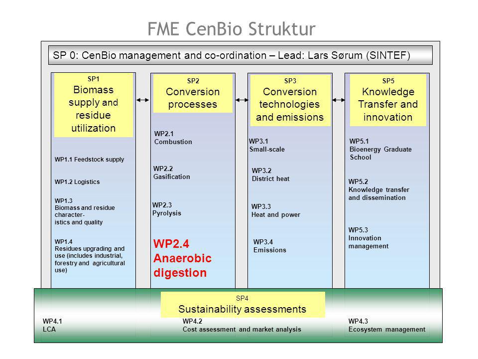 FME CenBio Struktur WP1.1 Feedstock supply SP 0: CenBio management and co-ordination – Lead: Lars Sørum (SINTEF) WP1.2 Logistics WP1.3 Biomass and residue character- istics and quality WP2.1 Combustion SP1 Biomass supply and residue utilization SP2 Conversion processes WP2.3 Pyrolysis WP2.2 Gasification WP2.4 Anaerobic digestion WP3.1 Small-scale SP3 Conversion technologies and emissions WP3.2 District heat WP3.3 Heat and power SP5 Knowledge Transfer and innovation WP5.1 Bioenergy Graduate School WP5.2 Knowledge transfer and dissemination WP5.3 Innovation management SP4 Sustainability assessments WP4.1 LCA WP4.2 Cost assessment and market analysis WP4.3 Ecosystem management WP3.4 Emissions WP1.4 Residues upgrading and use (includes industrial, forestry and agricultural use)