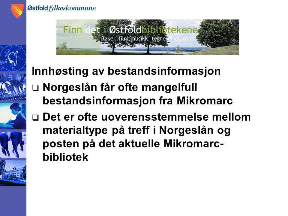 Innhøsting av bestandsinformasjon  Norgeslån får ofte mangelfull bestandsinformasjon fra Mikromarc  Det er ofte uoverensstemmelse mellom materialtype på treff i Norgeslån og posten på det aktuelle Mikromarc- bibliotek