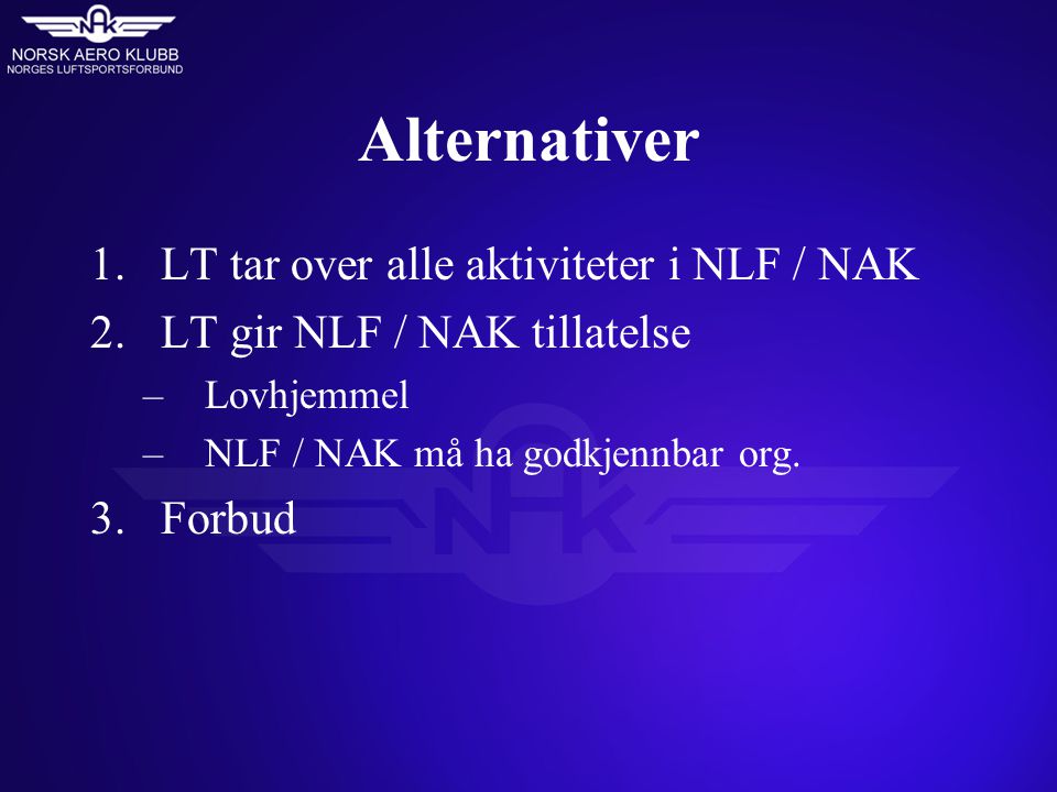 Alternativer 1.LT tar over alle aktiviteter i NLF / NAK 2.LT gir NLF / NAK tillatelse –Lovhjemmel –NLF / NAK må ha godkjennbar org.