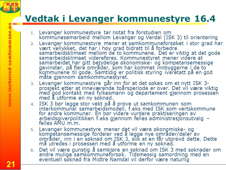 21 Vedtak i Levanger kommunestyre