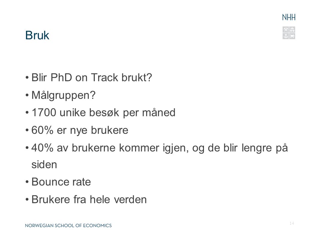 Bruk •Blir PhD on Track brukt. •Målgruppen.