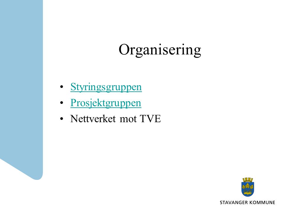 Organisering •StyringsgruppenStyringsgruppen •ProsjektgruppenProsjektgruppen •Nettverket mot TVE