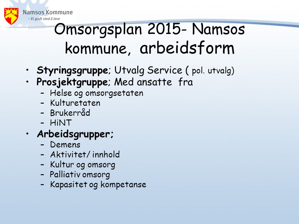 Omsorgsplan Namsos kommune, arbeidsform •Styringsgruppe; Utvalg Service ( pol.