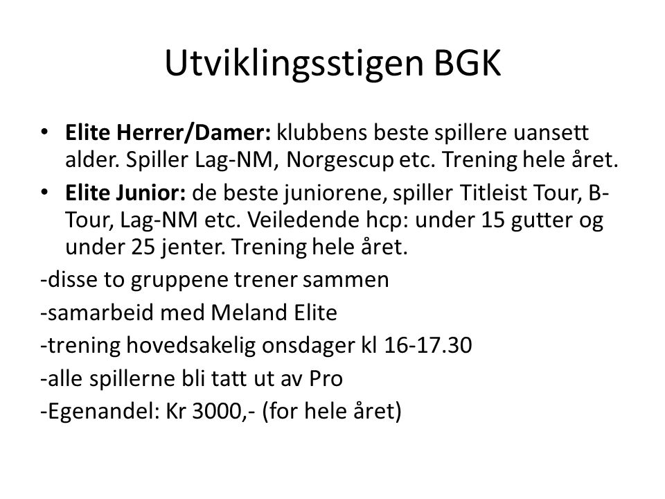 Utviklingsstigen BGK • Elite Herrer/Damer: klubbens beste spillere uansett alder.