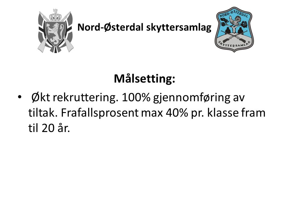 Nord-Østerdal skyttersamlag Målsetting: • Økt rekruttering.