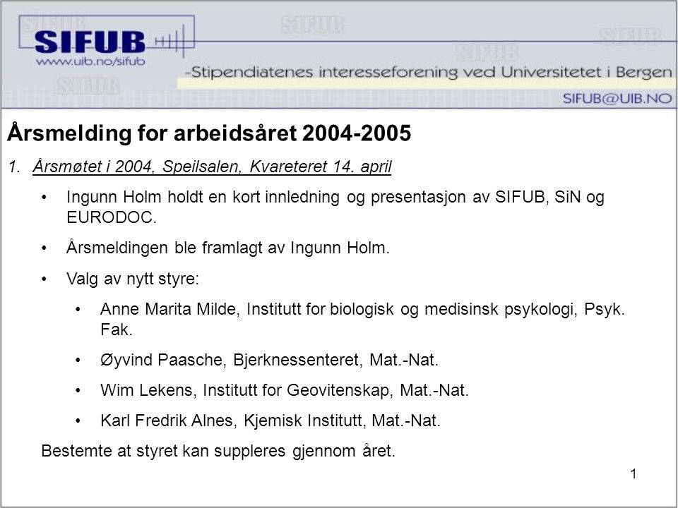 1 Årsmelding for arbeidsåret Årsmøtet i 2004, Speilsalen, Kvareteret 14.