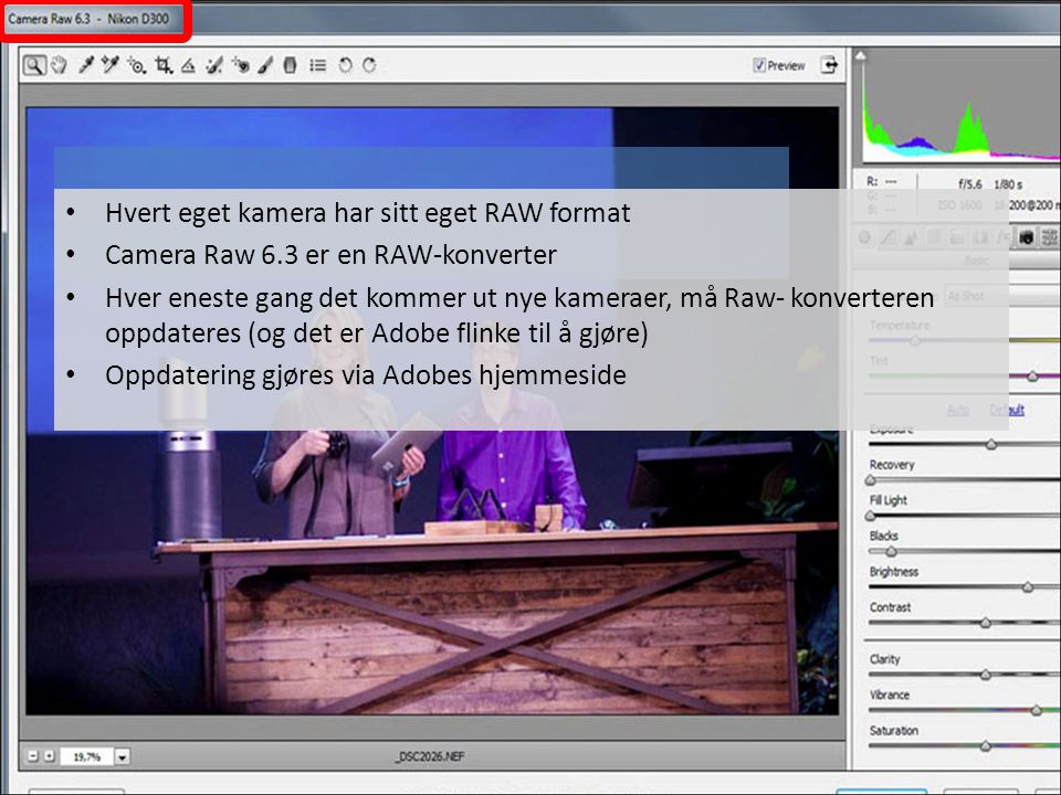 • Hvert eget kamera har sitt eget RAW format • Camera Raw 6.3 er en RAW-konverter • Hver eneste gang det kommer ut nye kameraer, må Raw- konverteren oppdateres (og det er Adobe flinke til å gjøre) • Oppdatering gjøres via Adobes hjemmeside