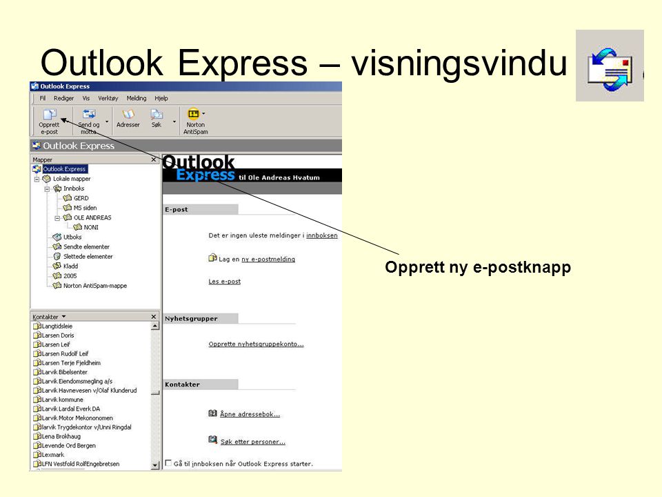 Outlook Express – visningsvindu Opprett ny e-postknapp
